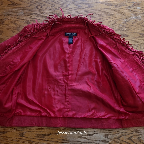 Dialogue Red Suede Leather Fringe Open Front Western Jacket Women's Size Large - Picture 5 of 5
